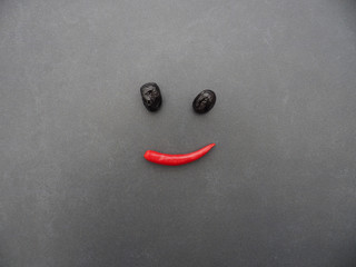 2 gleich große schwarze Oliven und eine lachende rote Pepperoni, Symbole für die GroKo