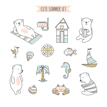 Set with beach items and bears
