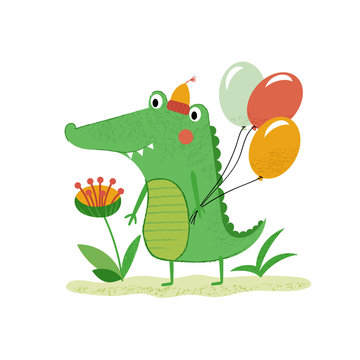 Green cartoon crocodile with balloons