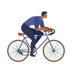 Obraz premium Cool vector character design on adult young man and woman riding bicycles. Stylish male and female hipsters on bicycle, side view, isolated.