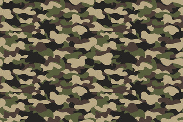 Camouflage seamless pattern. Military clothing texture background with green and brown foliage. Army style camouflage print fo textile industry