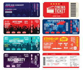 Concert, cinema, airline and football ticket templates. Collection of tickets mock up for entrance to different events. Creative tickets isolated on white background - obrazy, fototapety, plakaty