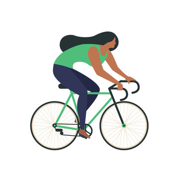 Cool vector character design on adult young man and woman riding bicycles. Stylish male and female hipsters on bicycle, side view, isolated.