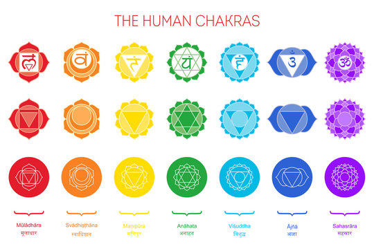 Human chakras set. Color sign, white line symbol with name in English and sanskrit.  Muladhara, svadhisthana, manipura, anahata, vishuddha, ajna, sahasrara