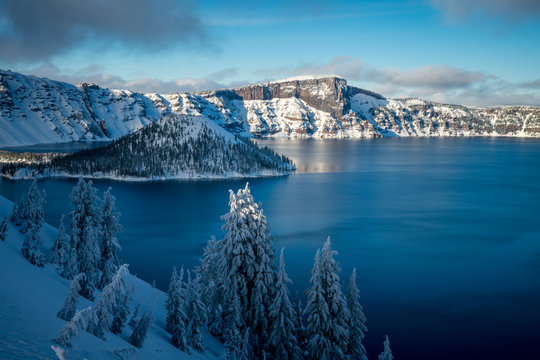 Winter Forest Crater Lake Snowy Mountain Landscape Photograph Oregon Pacific Northwest Mountain Trees