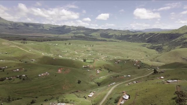 Aerial shot of an African Zulu tribe village in the Underberg mountains of South Africa.