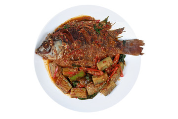 Deep-fried tilapia fish topped Spicy fried eggplant.