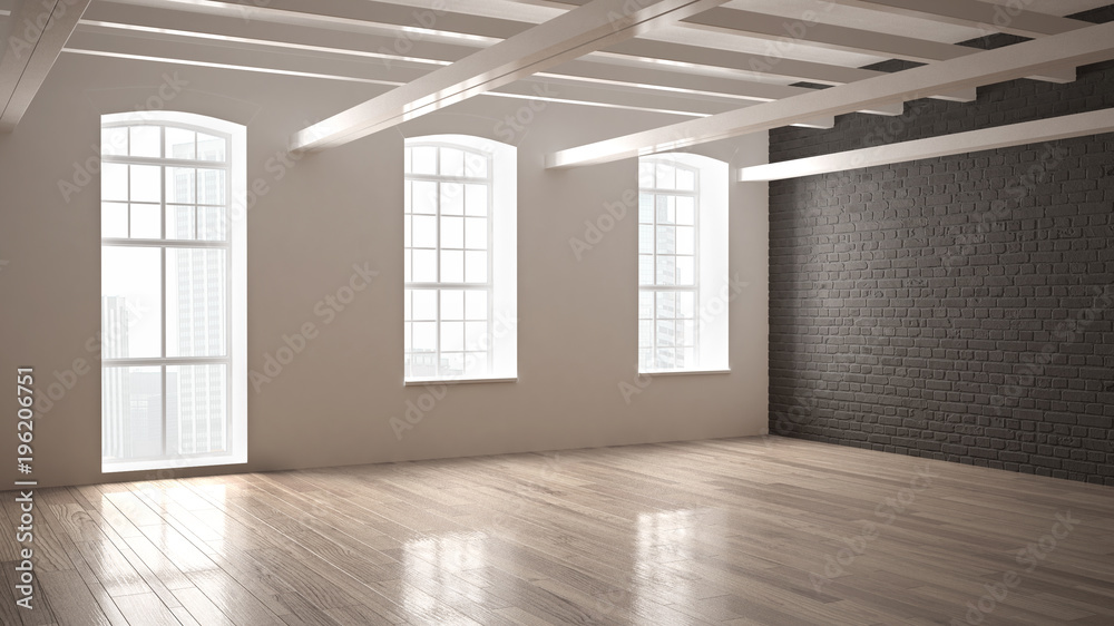 Wall mural Empty classic industrial space, open room with wooden floor and big windows, modern interior design