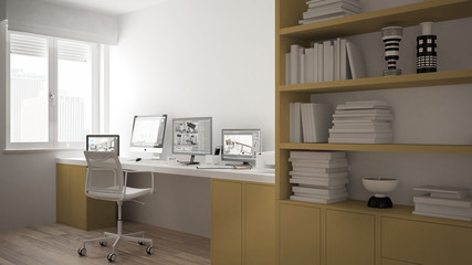 Modern workplace in minimalist house, desk with computers, big bookshelf, cozy white and yellow architecture interior design