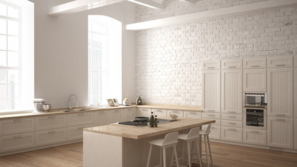 Modern industrial wooden kitchen with wooden details and panoramic window, white minimalistic interior design, downtown panorama