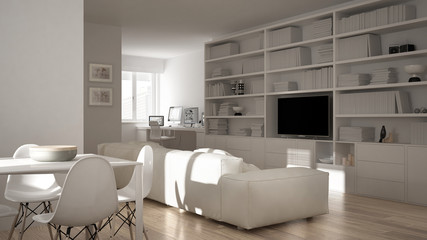 Modern living room with workplace corner, big bookshelf and dining table, minimal white architecture interior design