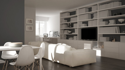 Modern living room with workplace corner, big bookshelf and dining table, minimal white architecture interior design