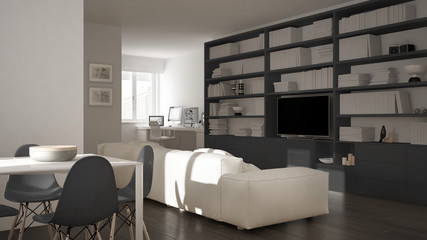 Modern living room with workplace corner, big bookshelf and dining table, minimal white an gray architecture interior design