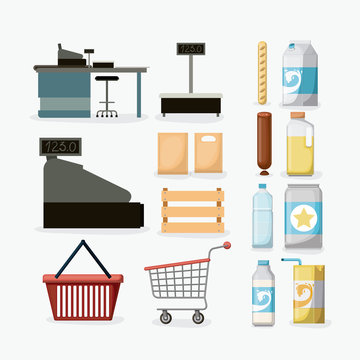 supermarket icons colorful collection with cash register vector illustration