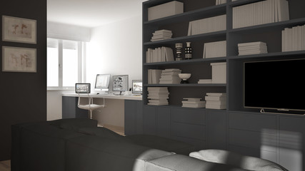 Modern living room with workplace corner, big bookshelf and window, minimal white and gray architecture interior design