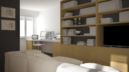Modern living room with workplace corner, big bookshelf and window, minimal white and yellow architecture interior design