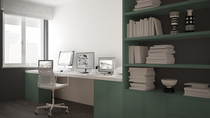 Modern workplace in minimalist house, desk with computers, big bookshelf, cozy white and green architecture interior design
