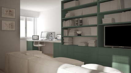 Modern living room with workplace corner, big bookshelf and window, minimal white and green architecture interior design
