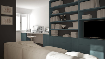 Modern living room with workplace corner, big bookshelf and window, minimal white and blue architecture interior design