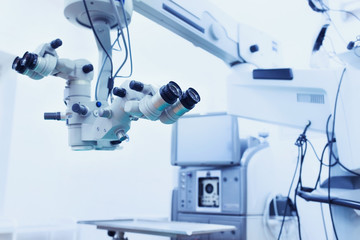 ophthalmology operation room. surgery. surgical microscope - obrazy, fototapety, plakaty
