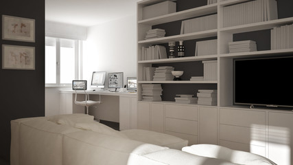 Modern living room with workplace corner, big bookshelf and window, minimal white architecture interior design
