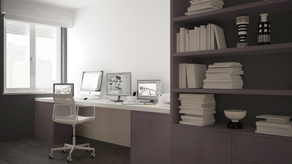 Modern workplace in minimalist house, desk with computers, big bookshelf, cozy white and red architecture interior design
