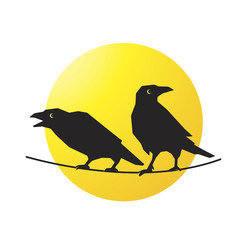 silhouette two crows over yellow circle vector illustration