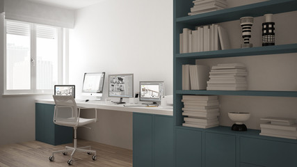 Modern workplace in minimalist house, desk with computers, big bookshelf, cozy white and blue architecture interior design