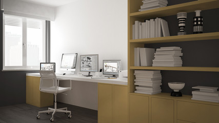 Modern workplace in minimalist house, desk with computers, big bookshelf, cozy white and yellow architecture interior design