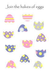 Find the second part of easter eggs in cartoon style for children, join the halves, preschool worksheet activity for kids, task for the development of logical thinking, vector illustration
