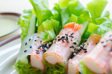 Fresh vegetable salad roll with crab stick eating with spicy salad dressing © Lion1st