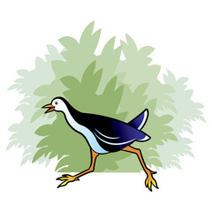 water hen running fast over tree bush vector cartoon