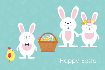 Easter bunnies,chicken and easter eggs. Vector.