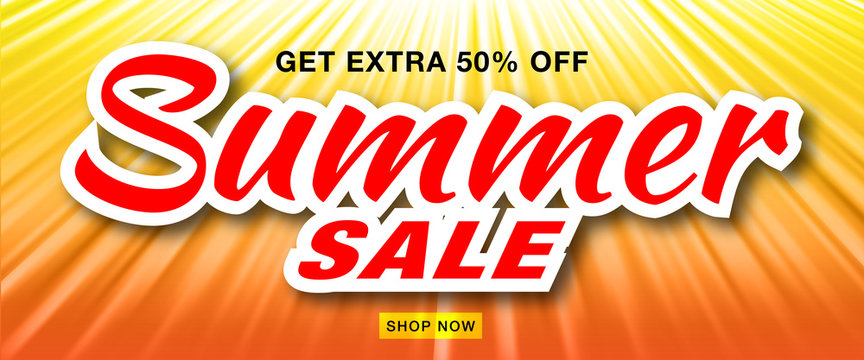 Summer sale template vector banner with sun rays.  Glow horizontal sunlight orange background. Sunshine glare heat with flash rays and bubbles backdrop. Campaign sale 50% off. Vector illustration. 