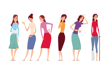 Obraz premium Sick women with pain and diseases vector illustration.