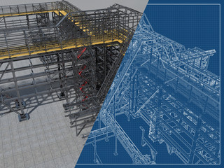 Shiny overpass for cables, gas and oil pipelines from columns, beams and ties. Architectural, engineering and construction hair dryer. 3D rendering and blueprint.