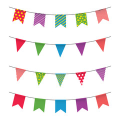 Obraz premium Garland with colorful flags. Carnival or fair flags on white background. Decoration for party, birthday, festival