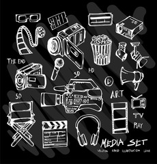 Hand drawn doodle vector media set on Chalkboard eps10