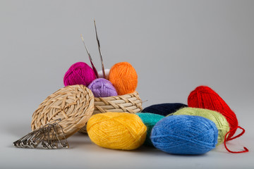 Handicraft and needlework concept. wool yarn concept.Colorful wool yarn on the white background.