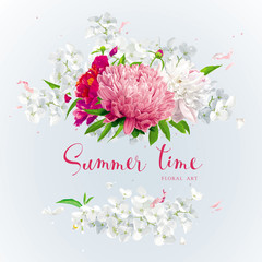 Pink, red and white summer flowers gretting card