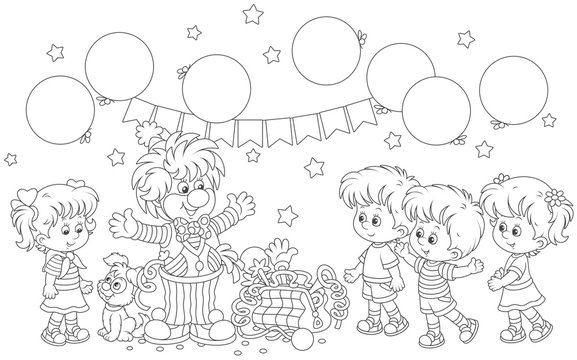 Friendly smiling circus clown with his pup, toys and balloons playing with small children, a black and white vector illustration in a cartoon style for a coloring book