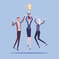 Group of male and female office workers or businessmen celebrating a victory and jump with a golden cup in their hands vector flat illustration. Award for teamwork, successful business team.