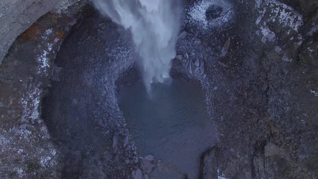 4k Aerial Snow Tennessee Waterfall Bird's Eye View 006 Hover