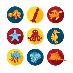 Cute vector sea animals icons in color circles for stickers and icons for children designs