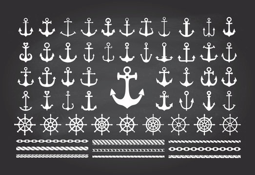 Set of icons of sea theme on a blackbord background- anchors, ropes and sea wheels.