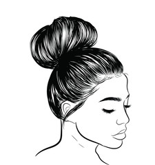 Woman with stylish classic bun with perfet eyebrow shaped and ful. Illustration of business hairstyle with natural long hair. Hand-drawn idea for gretting card, poster, flyers, web, print for t-shirt.