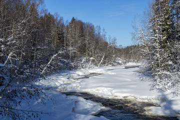Little stream with blue sky in background.