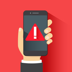 Concept of malware notification or error in mobile phone. Red alert warning of spam data, insecure connection, scam, virus. - obrazy, fototapety, plakaty