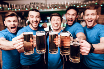 Group of sports fans drinking beer celebrating and cheering at sports bar.