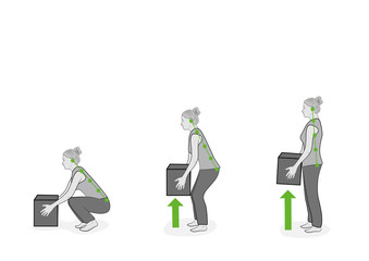 Correct posture to lift a heavy object safely. Illustration of health care. vector illustration 